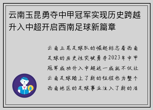 云南玉昆勇夺中甲冠军实现历史跨越升入中超开启西南足球新篇章 云南玉昆勇夺中甲冠军实现历史跨越升入中超开启西南足球新篇章
